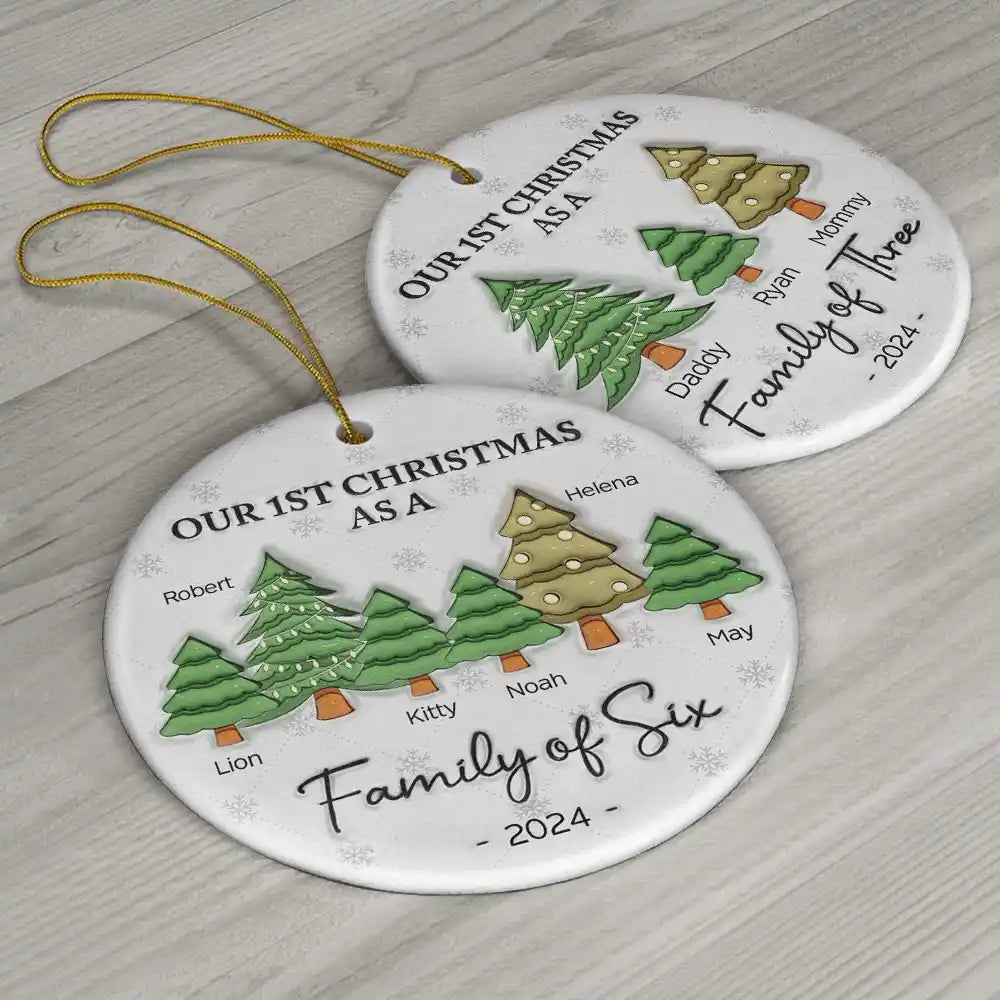 First Christmas As A Family Of Three - 3D Inflated Effect Printed Ornament, Personalized Circle Ceramic Ornament