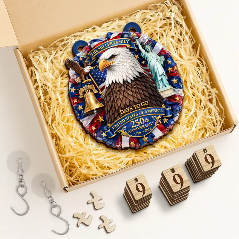 America 250th, Independence Day, Family, Proud, Custom Text - 3D Effect Eagle Wreath America 250th Anniversary - Personalized Hanging Tracker Sign