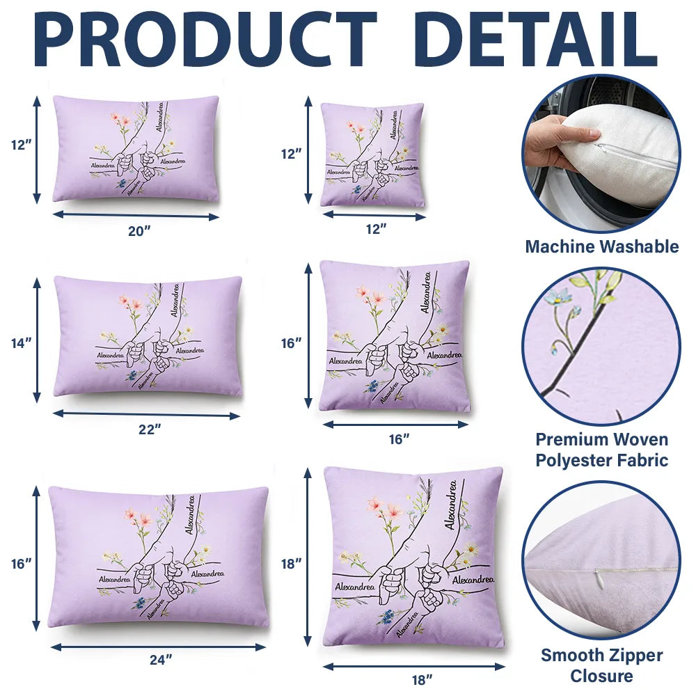 Gift For Grandma, Sentimental, Icon - Hand In Hand Birth Flower Mom Kid Nana Grandkid - Personalized Pillow