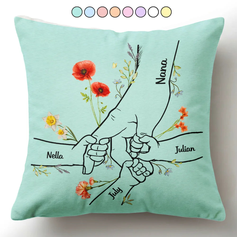 Gift For Grandma, Sentimental, Icon - Hand In Hand Birth Flower Mom Kid Nana Grandkid - Personalized Pillow