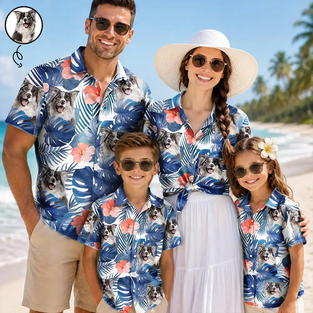 Custom Photo Tropical Leaves Funny Family Pet Friend - Personalized Hawaiian Shirt