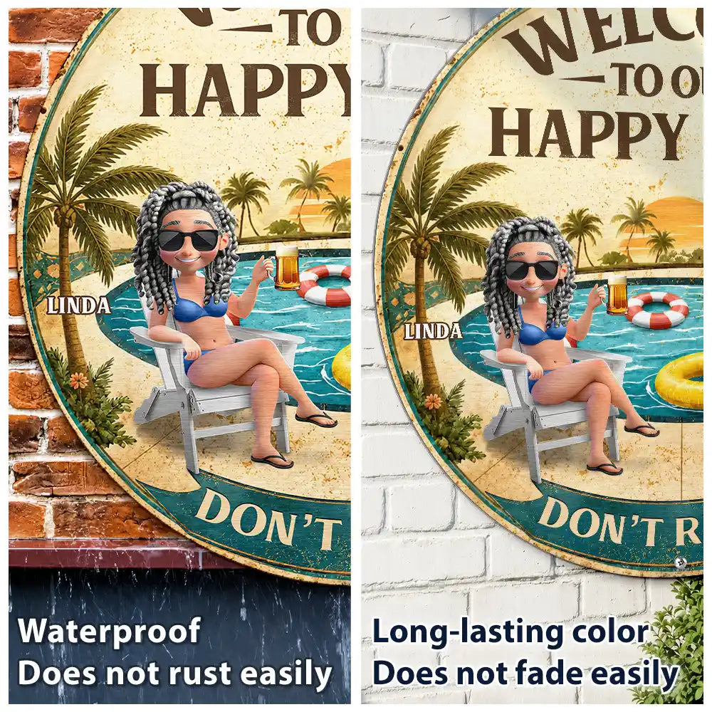 Poolside, Outdoor Decor, Summer, Gift For Couples, Humorous, Vector - Welcome To Our Happy Place Poolside - Personalized Custom Shaped Metal Sign