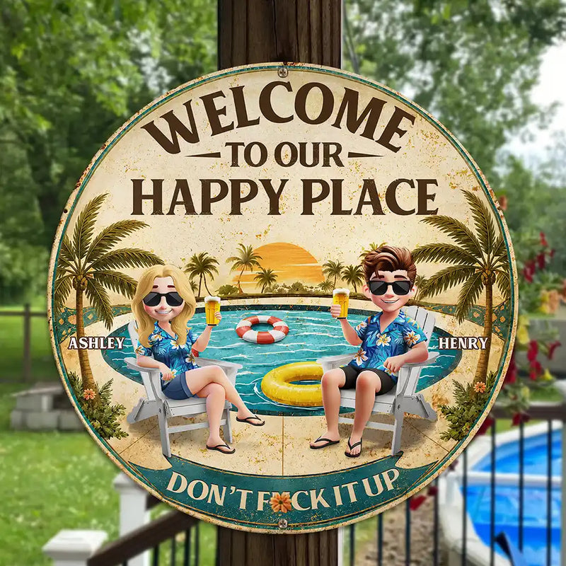 Poolside, Outdoor Decor, Summer, Gift For Couples, Humorous, Vector - Welcome To Our Happy Place Poolside - Personalized Custom Shaped Metal Sign