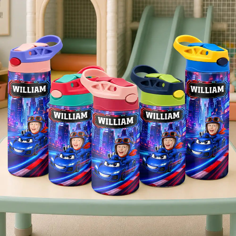 Adorable,Back To School,Custom Photo,Gift For Kids,Cut-Face Photo - Custom Photo Kid Car Racing - Personalized Insulated Water Bottle With Straw
