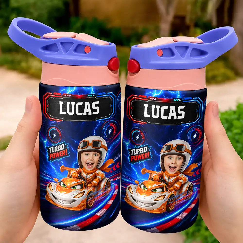 Adorable,Back To School,Custom Photo,Gift For Kids,Cut-Face Photo - Custom Photo Kid Car Racing - Personalized Insulated Water Bottle With Straw
