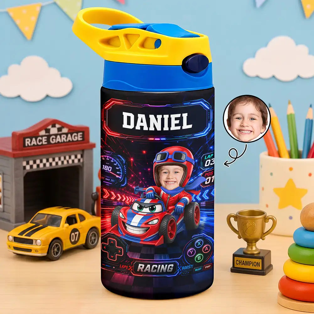 Adorable,Back To School,Custom Photo,Gift For Kids,Cut-Face Photo - Custom Photo Kid Car Racing - Personalized Insulated Water Bottle With Straw