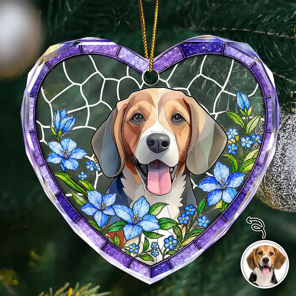 Custom Photo Stained Glass Dog Cat Family Blue Flower - Personalized Heart Shaped Glass Ornament