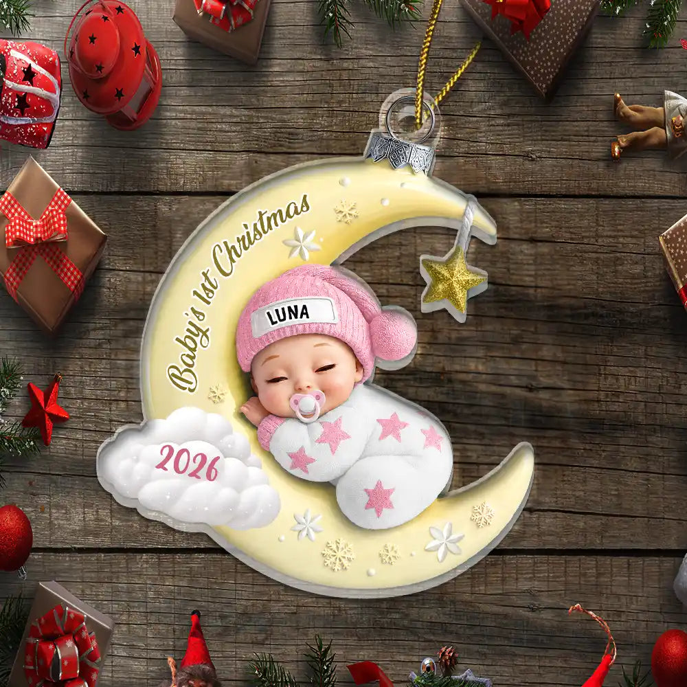 Adorable,New Mom,Christmas,Gift For Mother,Vector - Baby First Christmas Sleeping On The Moon - Personalized Custom Shaped Acrylic Ornament
