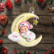 Adorable,New Mom,Christmas,Gift For Mother,Vector - Baby First Christmas Sleeping On The Moon - Personalized Custom Shaped Acrylic Ornament