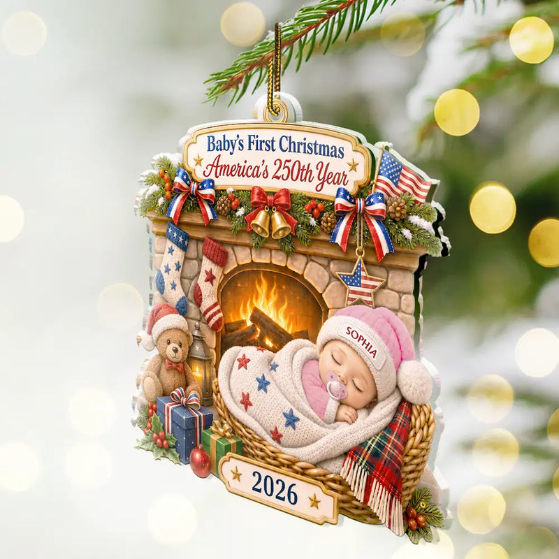 Top Market,Adorable,Independence Day,New Mom,America 250th,Christmas,Gift For Mother,Vector - Baby First Christmas Fireplace America 250th Anniversary - Personalized Custom Shaped Acrylic Ornament