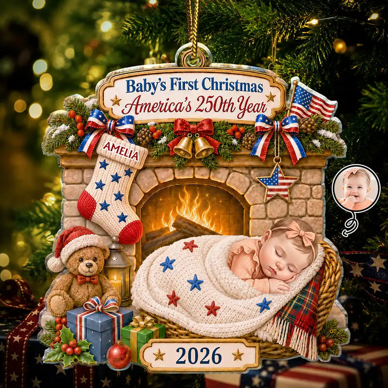 Adorable,Independence Day,Art Design,New Mom,America 250th,Christmas,Gift For Mother,Photo - Sleeping Dog Cat Baby - Custom Photo Sleeping Baby First Christmas America 250th Anniversary - Personalized Custom Shaped Acrylic Ornament