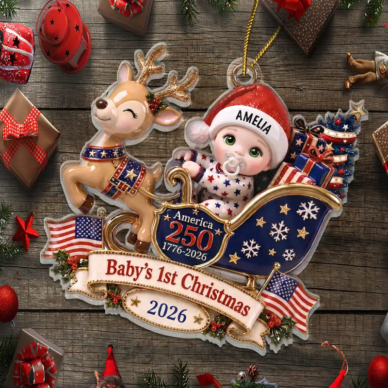 Adorable,Independence Day,New Mom,America 250th,Christmas,Gift For Mother,Vector - Baby's 1st Christmas In Sleigh America 250th Anniversary - Personalized Custom Shaped Acrylic Ornament