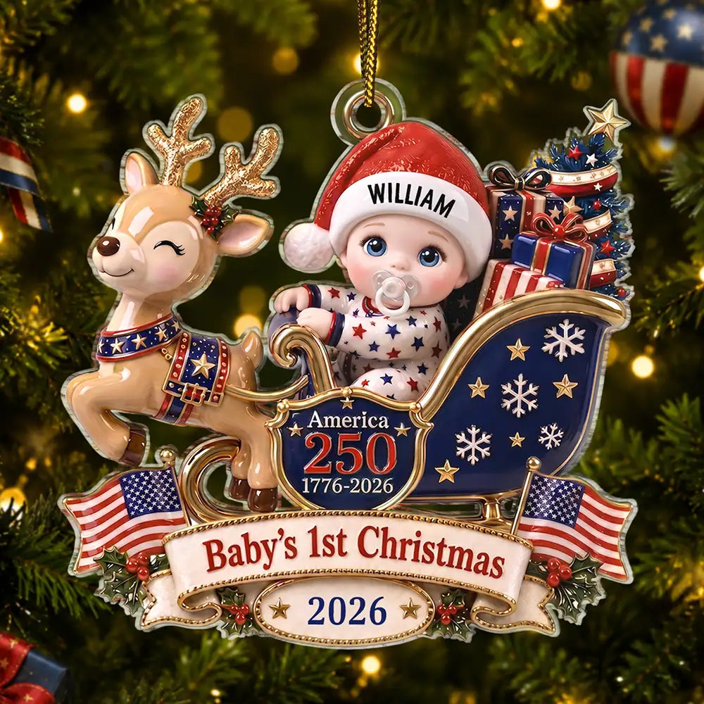 Adorable,Independence Day,New Mom,America 250th,Christmas,Gift For Mother,Vector - Baby's 1st Christmas In Sleigh America 250th Anniversary - Personalized Custom Shaped Acrylic Ornament