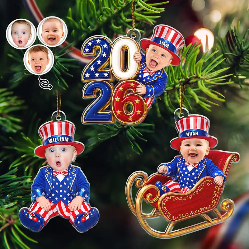 Adorable,Independence Day,Gift For Baby,America 250th,Christmas,Custom Photo,Cut-Face Photo - Custom Photo Baby Kid Costume America 250th Anniversary - Personalized Custom Shaped Acrylic Ornament