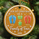 Parents,Christmas,Icon,Happy - First Christmas As A Family Of Four Footprints Cookie - Personalized Circle Ceramic Ornament