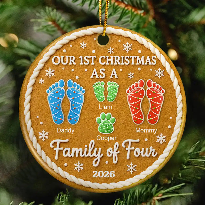 Parents,Christmas,Icon,Happy - First Christmas As A Family Of Four Footprints Cookie - Personalized Circle Ceramic Ornament