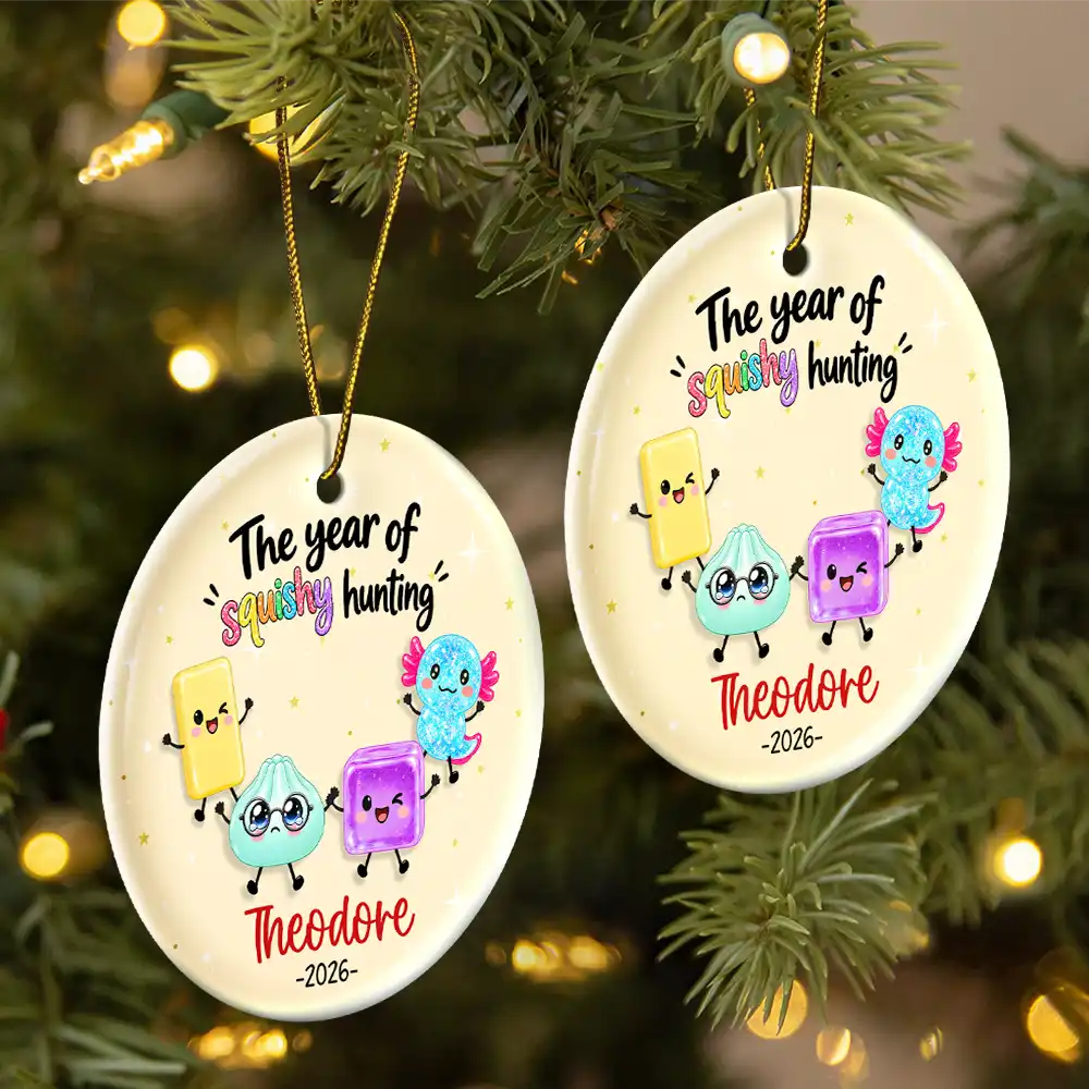 Top Market, Playful, Christmas, Gift For Kids, Icon - The Year I Did A Lot Of Squishy Hunting Keepsake Gift For Kids - Personalized Circle Ceramic Ornament