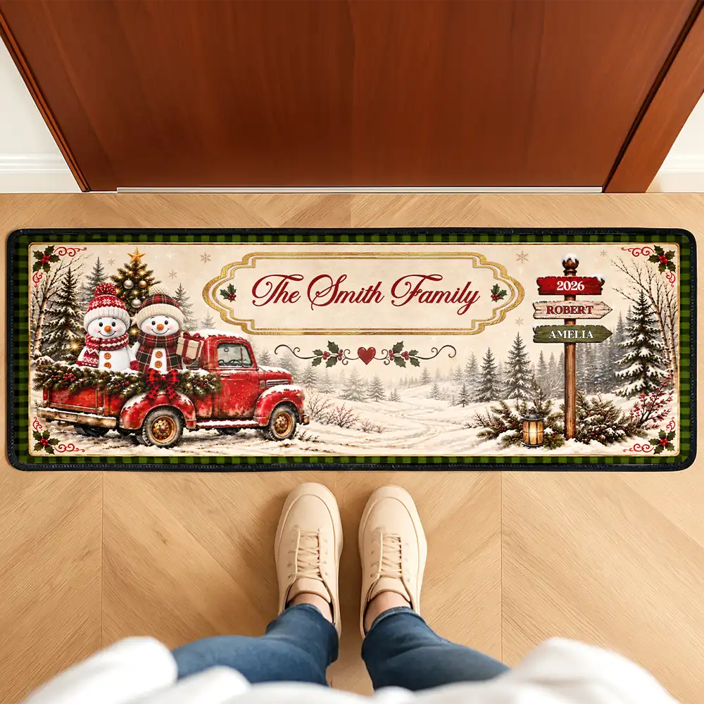 Sentimental,Christmas,Family,Icon - Custom Family Name Snowman Christmas - Personalized Runner Rug