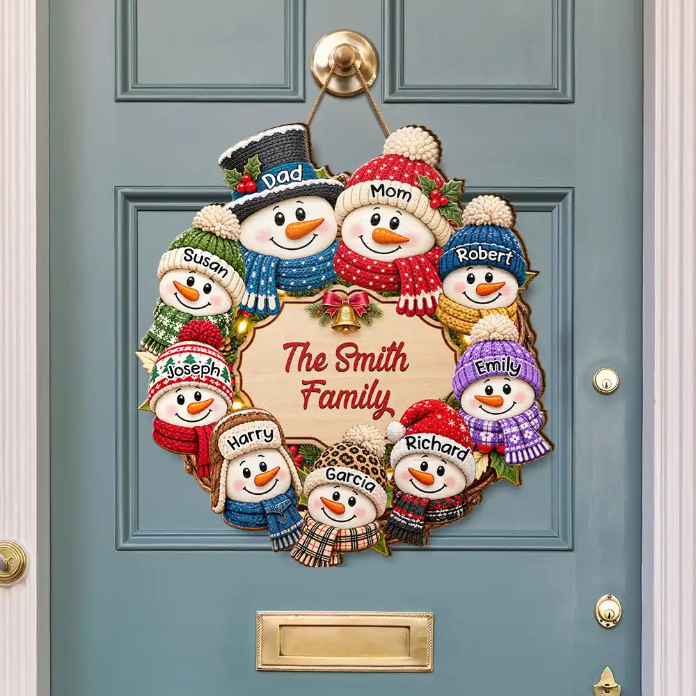 Christmas, Family, Happy, Icon - Christmas Decor For Family - Personalized Snowman Wreath Wood Sign