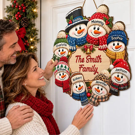 Christmas Decor For Family - Personalized Snowman Wreath Wood Sign