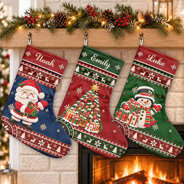 Christmas,Family,Icon,Sentimental - Christmas Gift For Family Kids - Personalized Name & Character Faux Chenille Effect Santa Snowman Reindeer Christmas Stocking