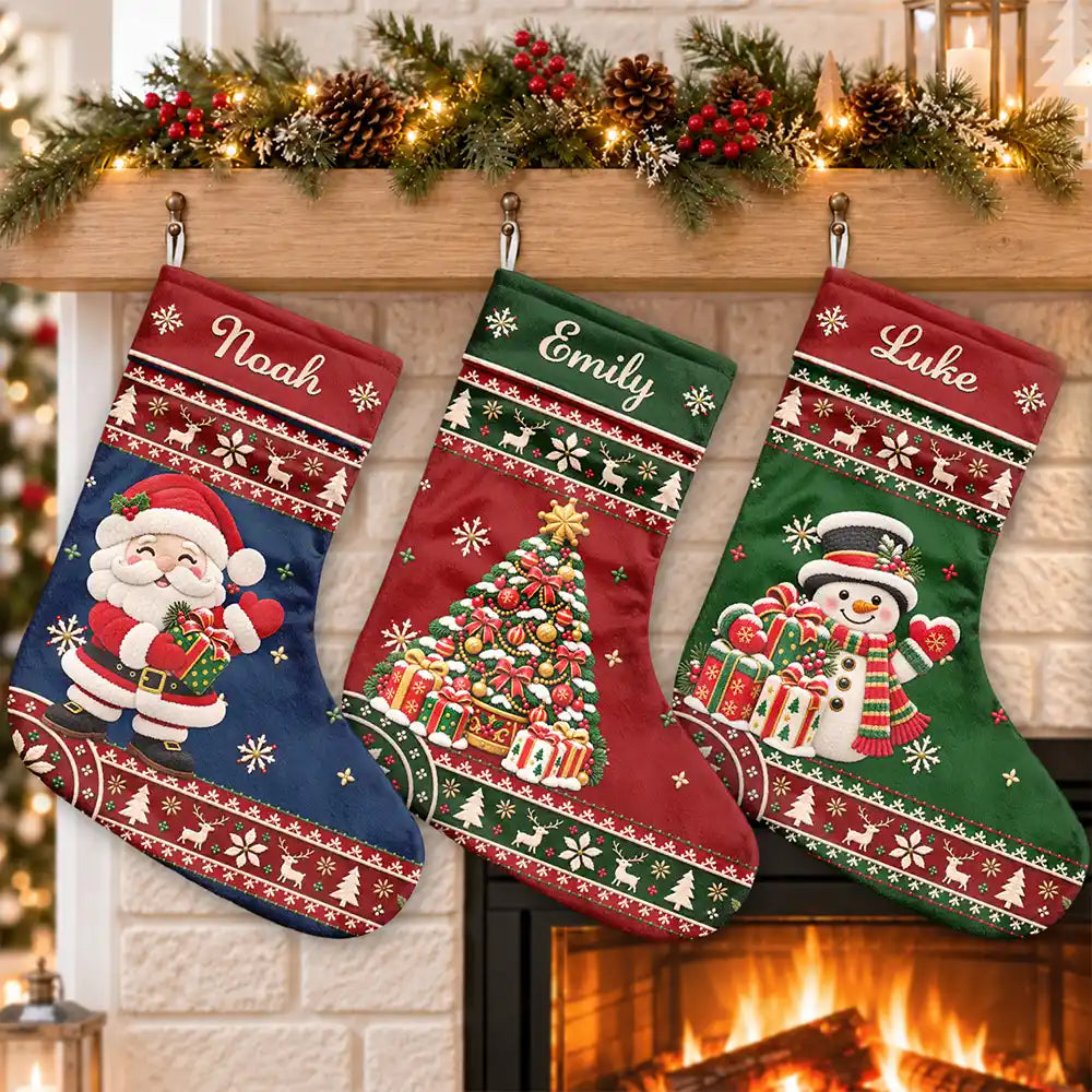 Christmas Gift For Family Kids - Personalized Name & Character Faux Chenille Effect Santa Snowman Reindeer Christmas Stocking