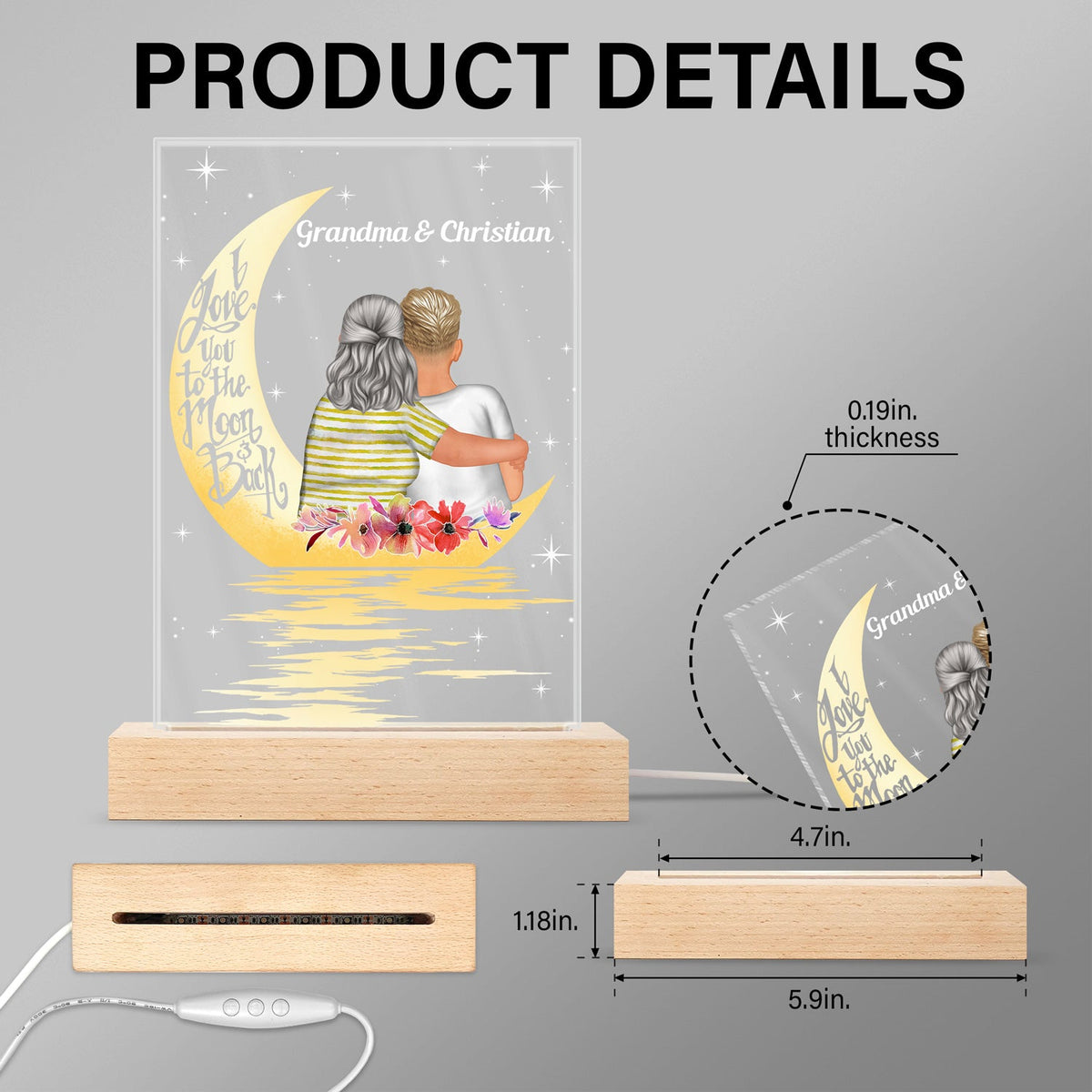 Love You To The Moon & Back - Gift For Grandma - Personalized Custom 3D Led Light Wooden Base