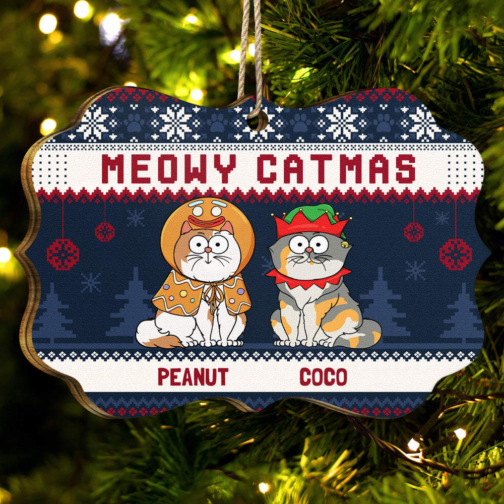 Meowy Catmas Funny Cartoon Cats - Christmas Gift For Cat Lovers, Cat Moms, Cat Dads - Personalized Medallion Wooden Ornament