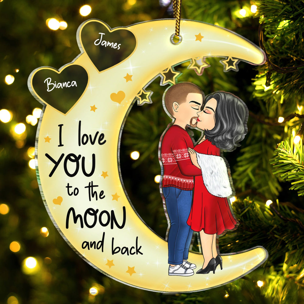 Love You To The Moon & Back Chibi Couple - Christmas Gift For Couples, Lovers, Wife, Husband, Girlfriend, Boyfriend - Personalized Cutout Acrylic Ornament