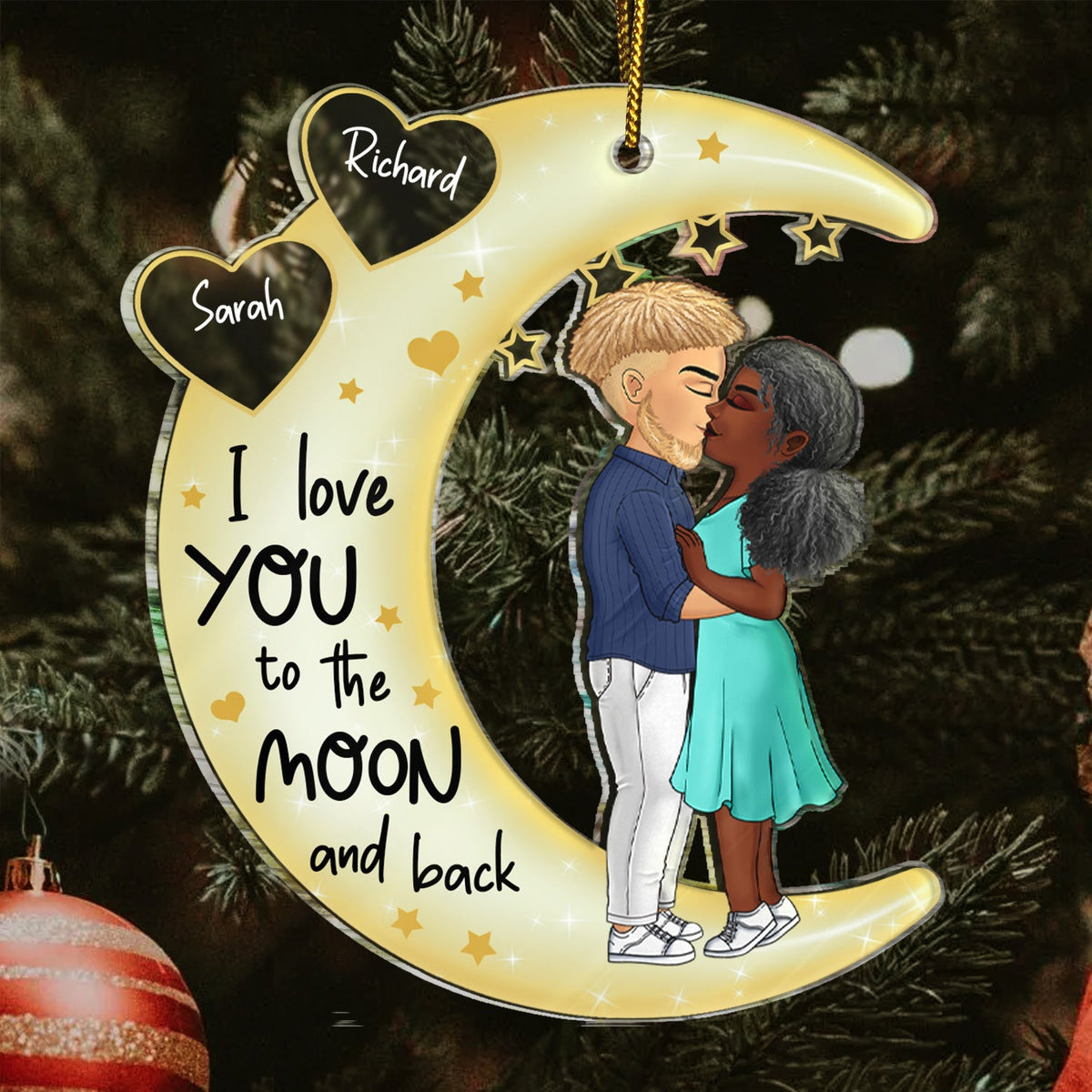 Love You To The Moon & Back Chibi Couple - Christmas Gift For Couples, Lovers, Wife, Husband, Girlfriend, Boyfriend - Personalized Cutout Acrylic Ornament
