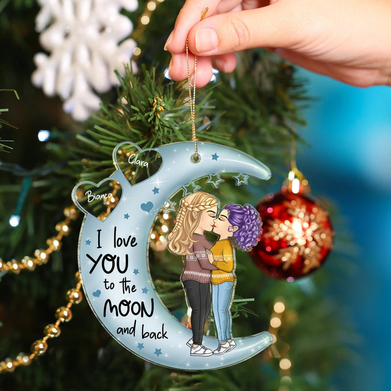 Love You To The Moon & Back Chibi Couple - Christmas Gift For Couples, Lovers, Wife, Husband, Girlfriend, Boyfriend - Personalized Cutout Acrylic Ornament