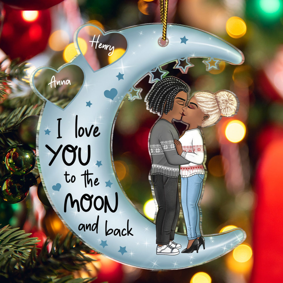 Love You To The Moon & Back Chibi Couple - Christmas Gift For Couples, Lovers, Wife, Husband, Girlfriend, Boyfriend - Personalized Cutout Acrylic Ornament
