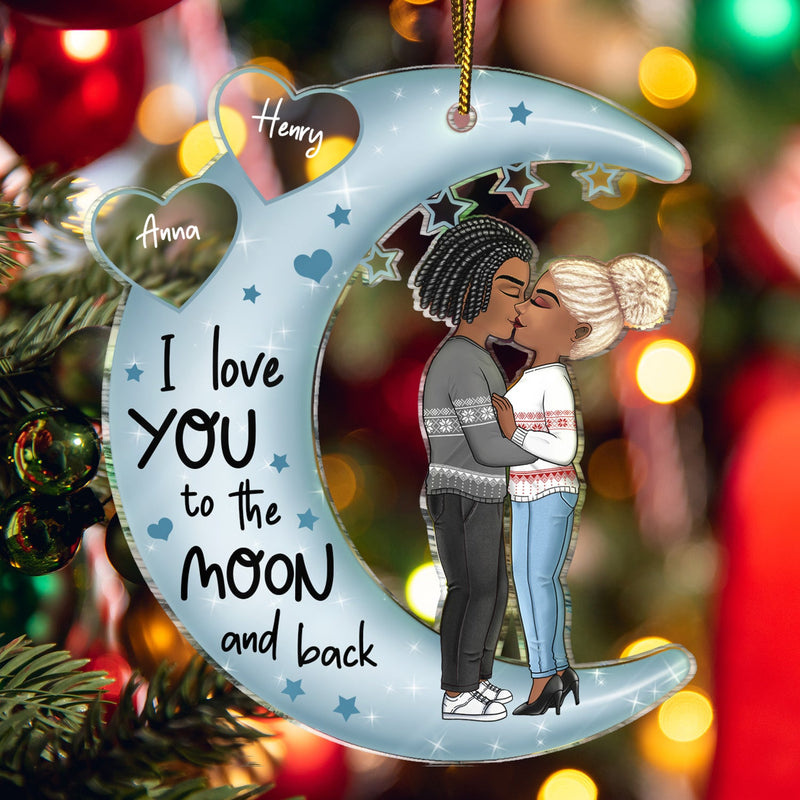 Love You To The Moon & Back Chibi Couple - Christmas Gift For Couples, Lovers, Wife, Husband, Girlfriend, Boyfriend - Personalized Cutout Acrylic Ornament