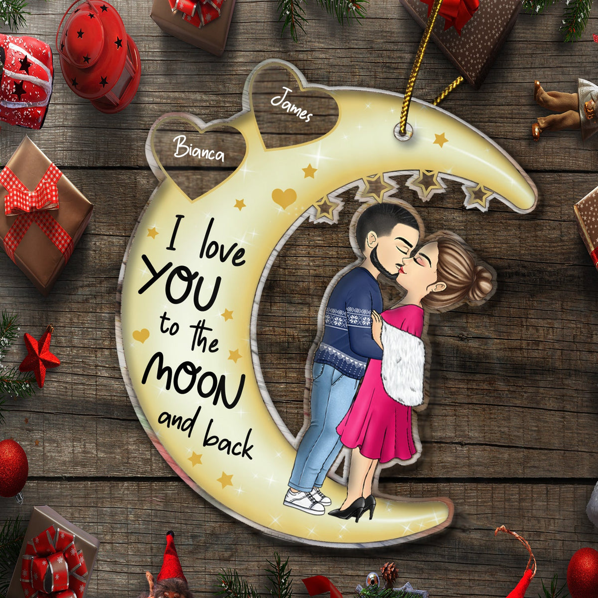 Love You To The Moon & Back Chibi Couple - Christmas Gift For Couples, Lovers, Wife, Husband, Girlfriend, Boyfriend - Personalized Cutout Acrylic Ornament