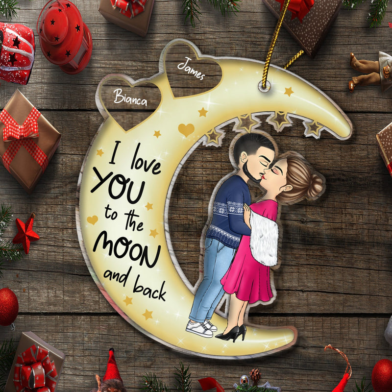 Love You To The Moon & Back Chibi Couple - Christmas Gift For Couples, Lovers, Wife, Husband, Girlfriend, Boyfriend - Personalized Cutout Acrylic Ornament
