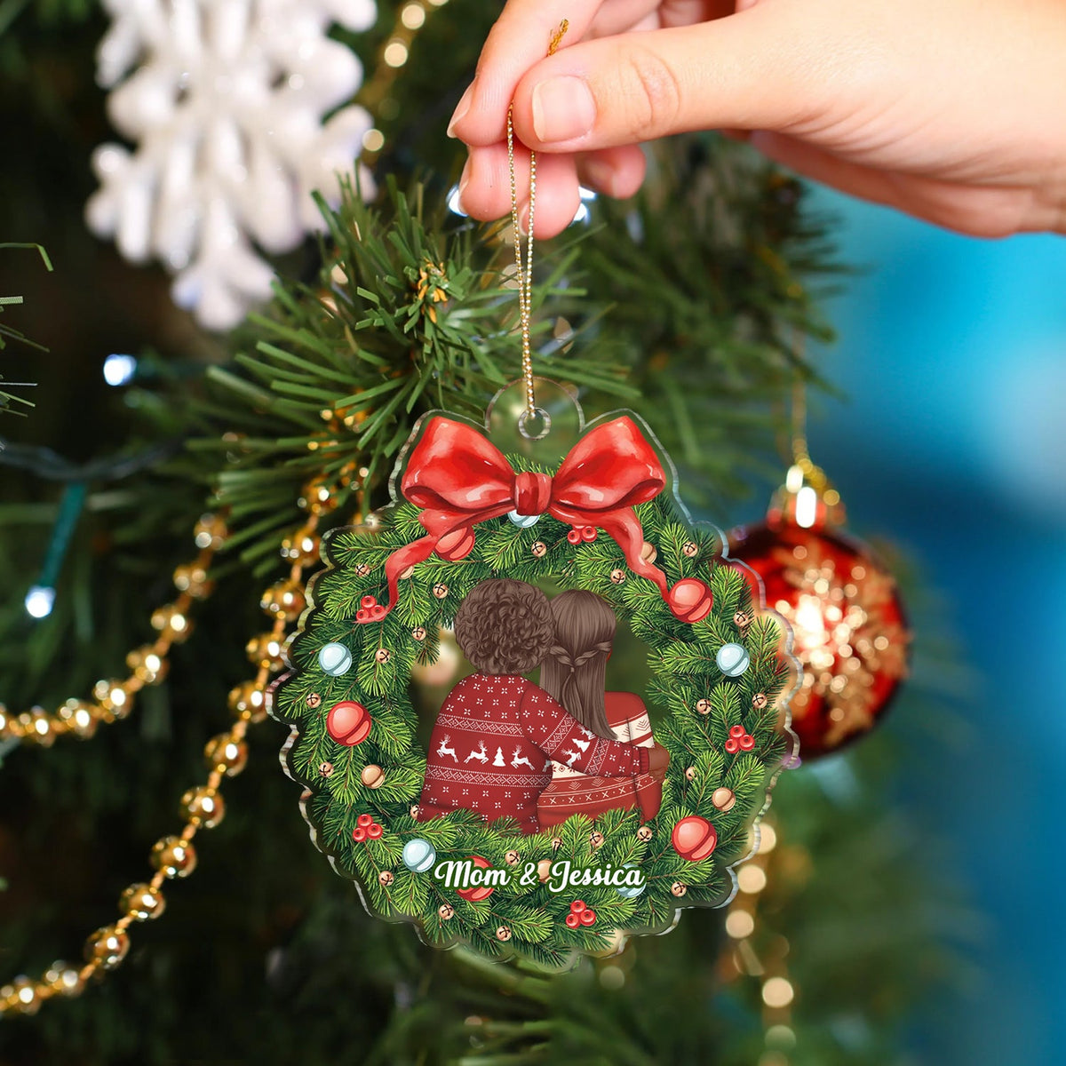 Christmas Wreath Mom Hugs Daughter Son - Gift For Mother, Grandmother, Grandma - Personalized Custom Shaped Acrylic Ornament