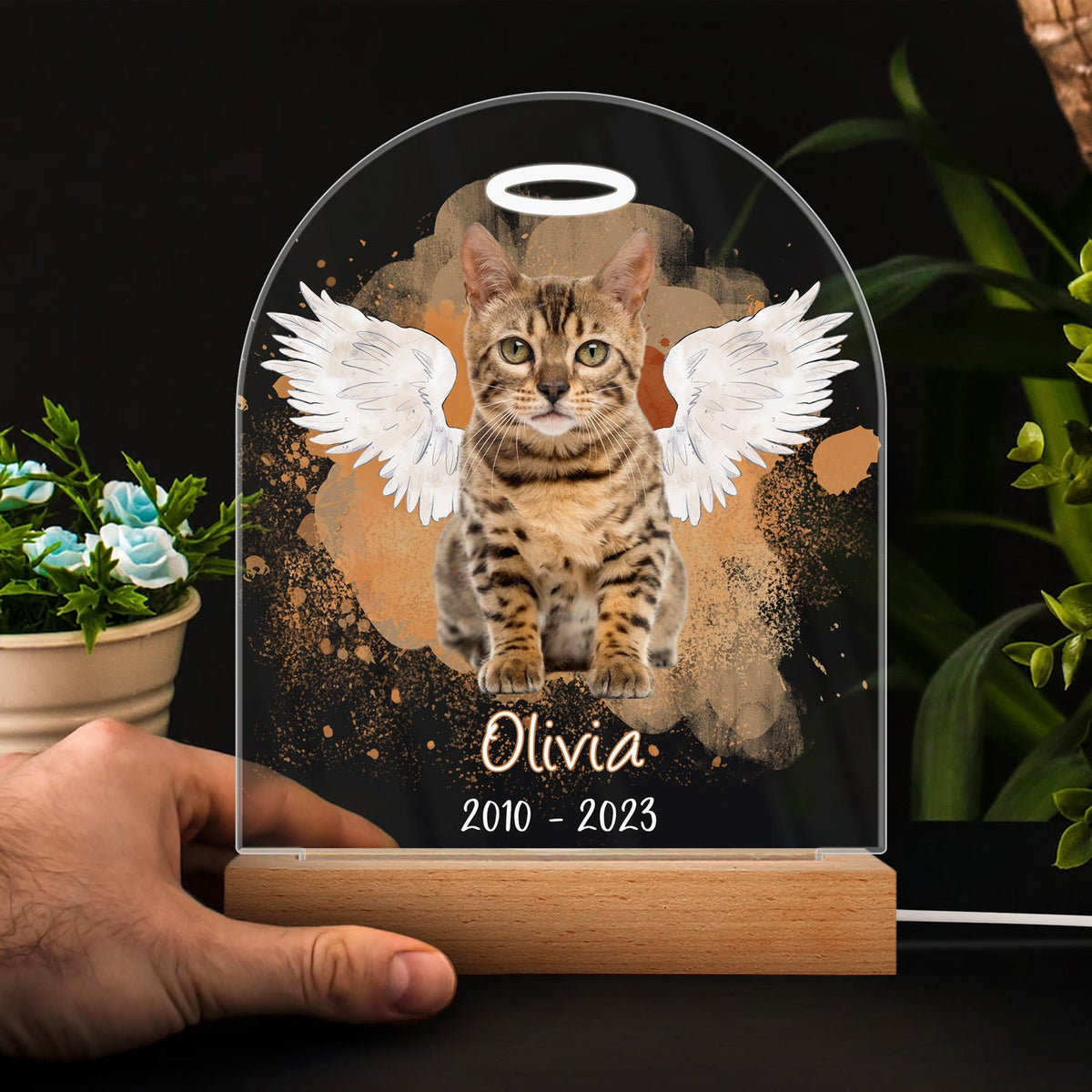 Custom Photo Dog Cat Pet - Memorial Gift, Sympathy Gift - Personalized 3D Led Light Wooden Base