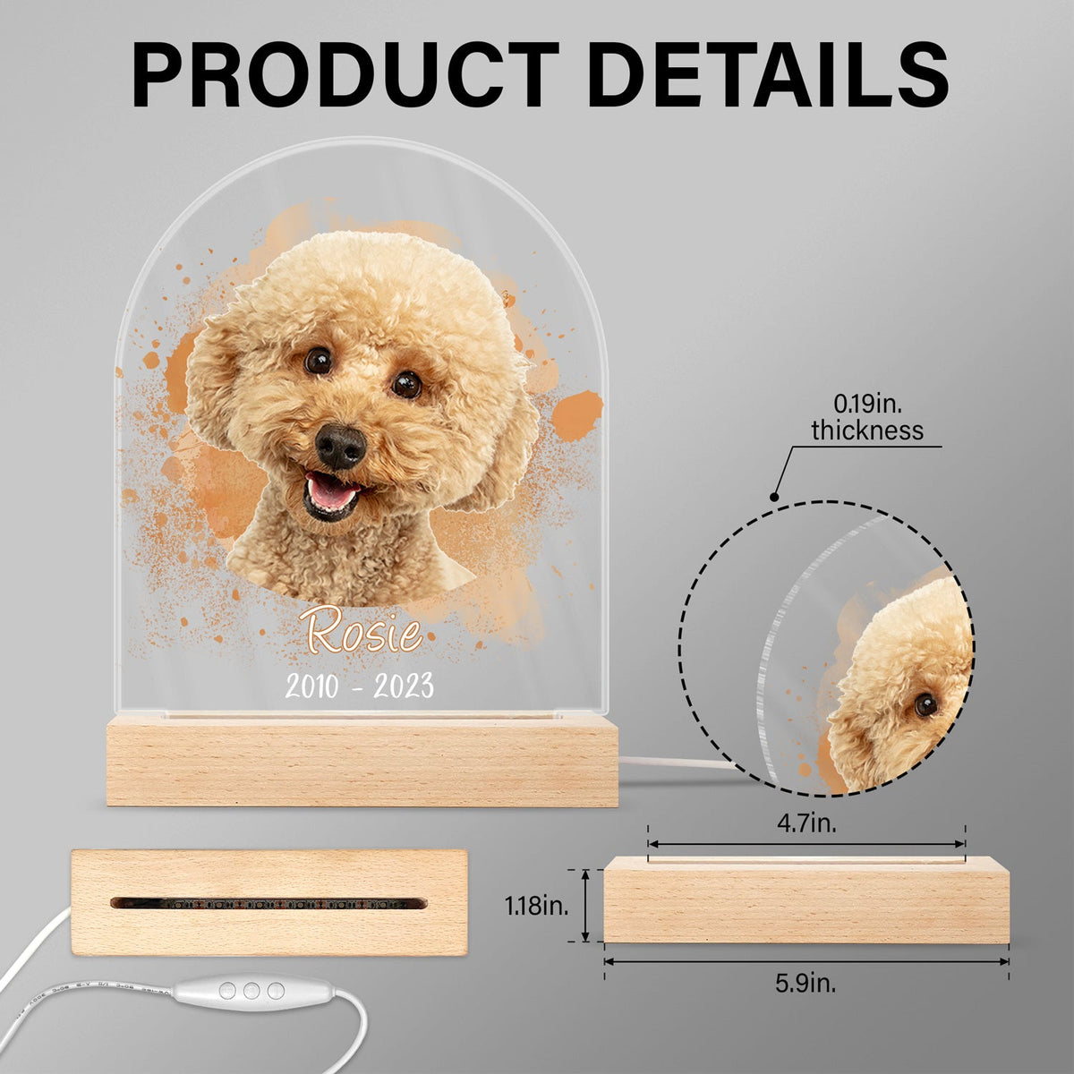 Custom Photo Dog Cat Pet - Memorial Gift, Sympathy Gift - Personalized 3D Led Light Wooden Base