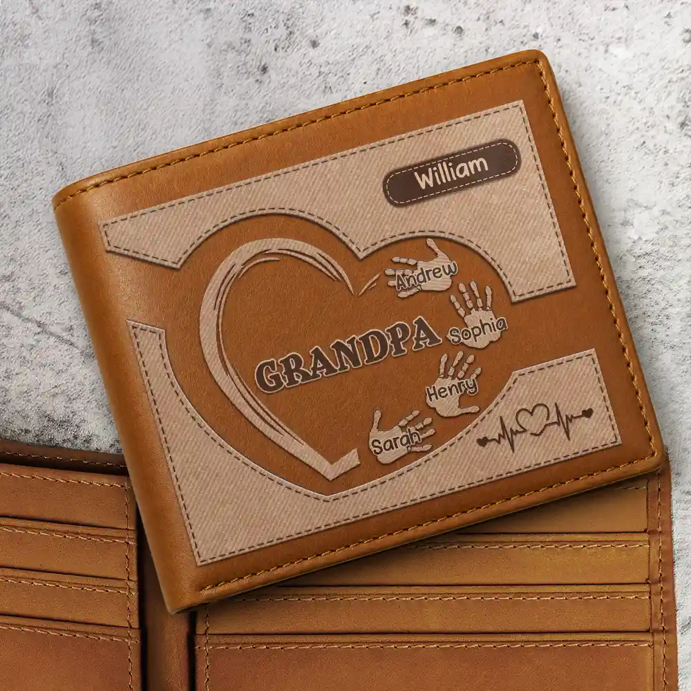Grandpa Dad Kids Handprints - Personalized Leather Wallet