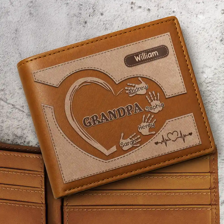 Grandpa Dad Kids Handprints - Personalized Leather Wallet