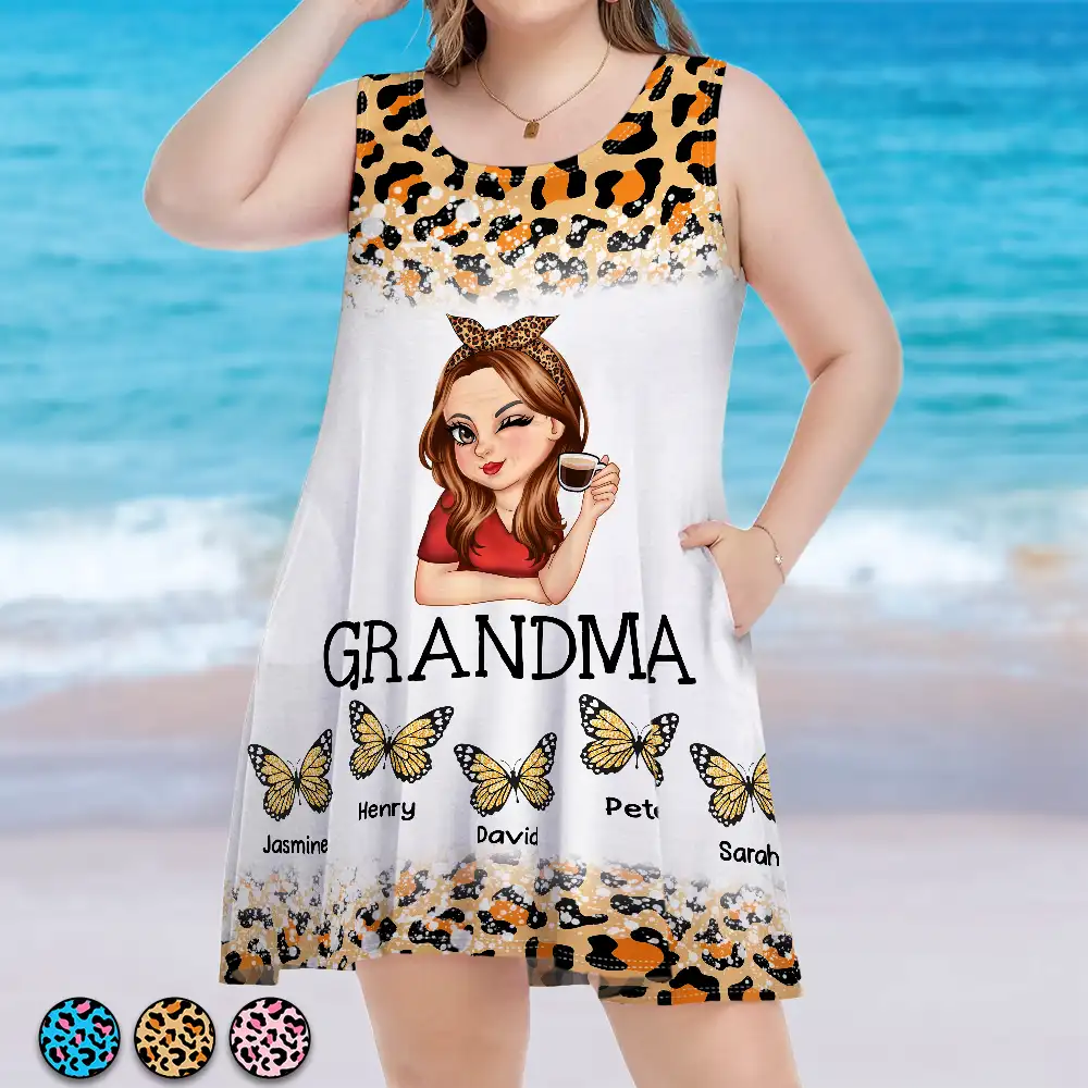 Mom Grandma Kids Butterflies Leopard Pattern - Personalized Sleeveless Tank Dress