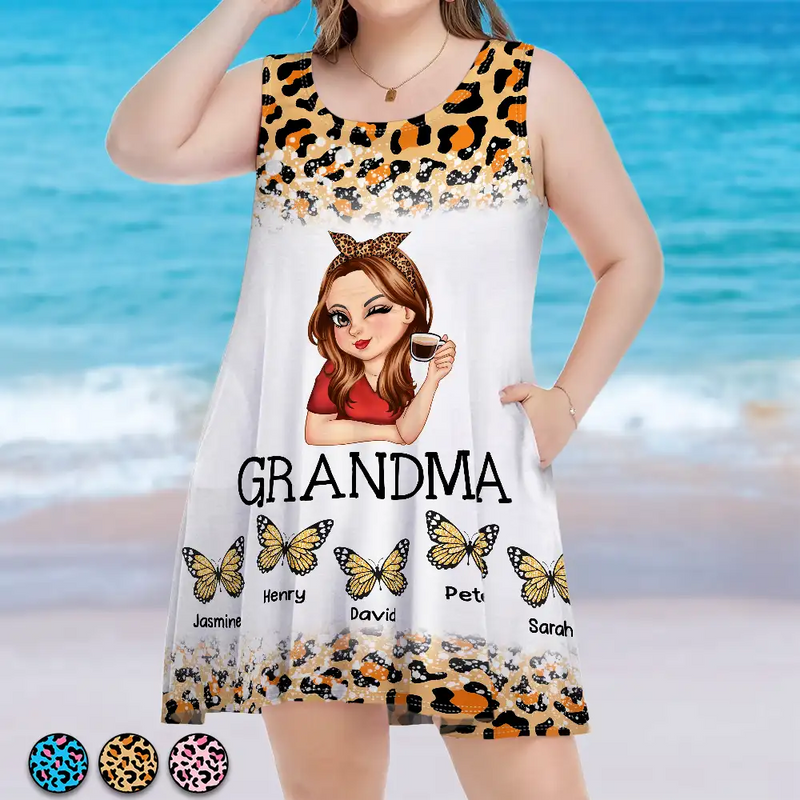 Mom Grandma Kids Butterflies Leopard Pattern - Personalized Sleeveless Tank Dress
