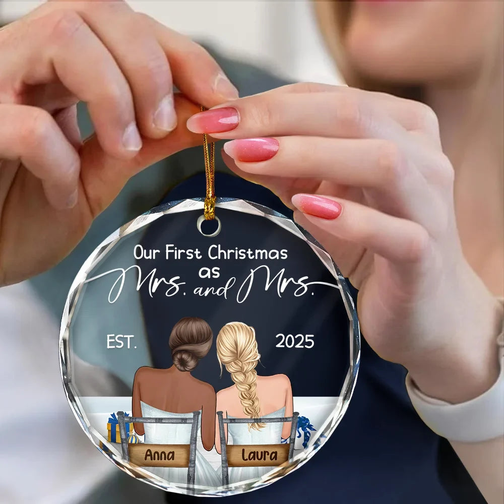 Gift For Couples - Our First Christmas Married Couples - Personalized Circle Glass Ornament