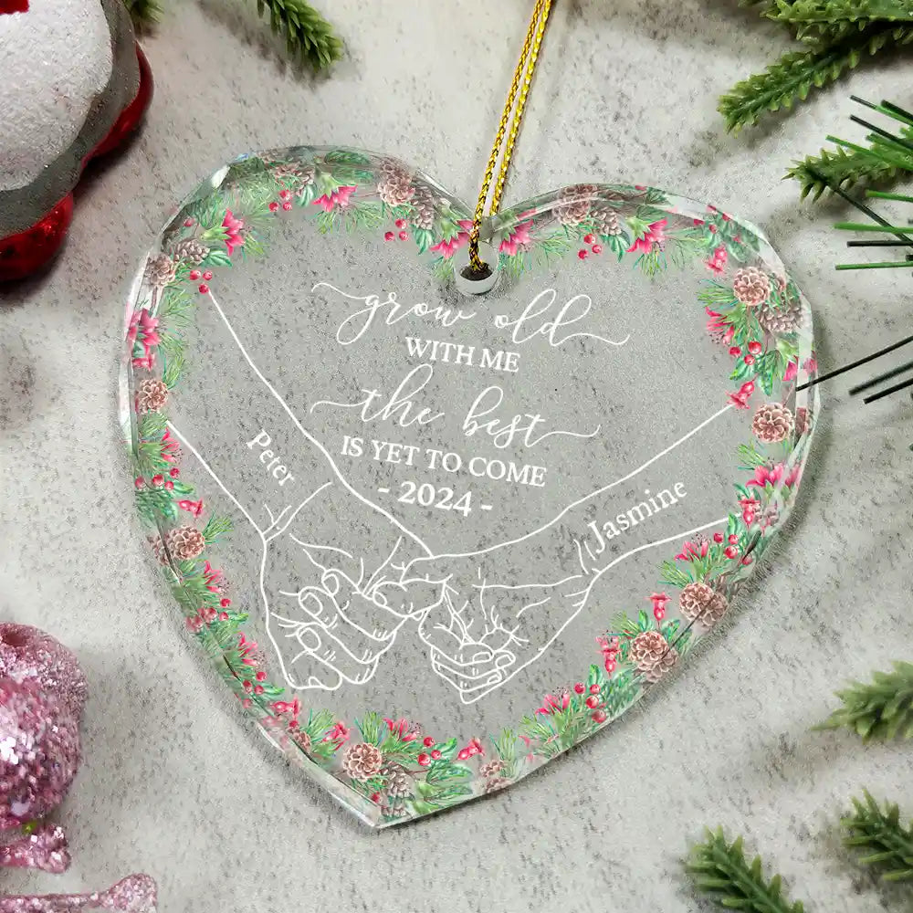 Newly Engaged Couple Holding Hands The Best Is Yet To Come - Personalized Heart Shaped Glass Ornament