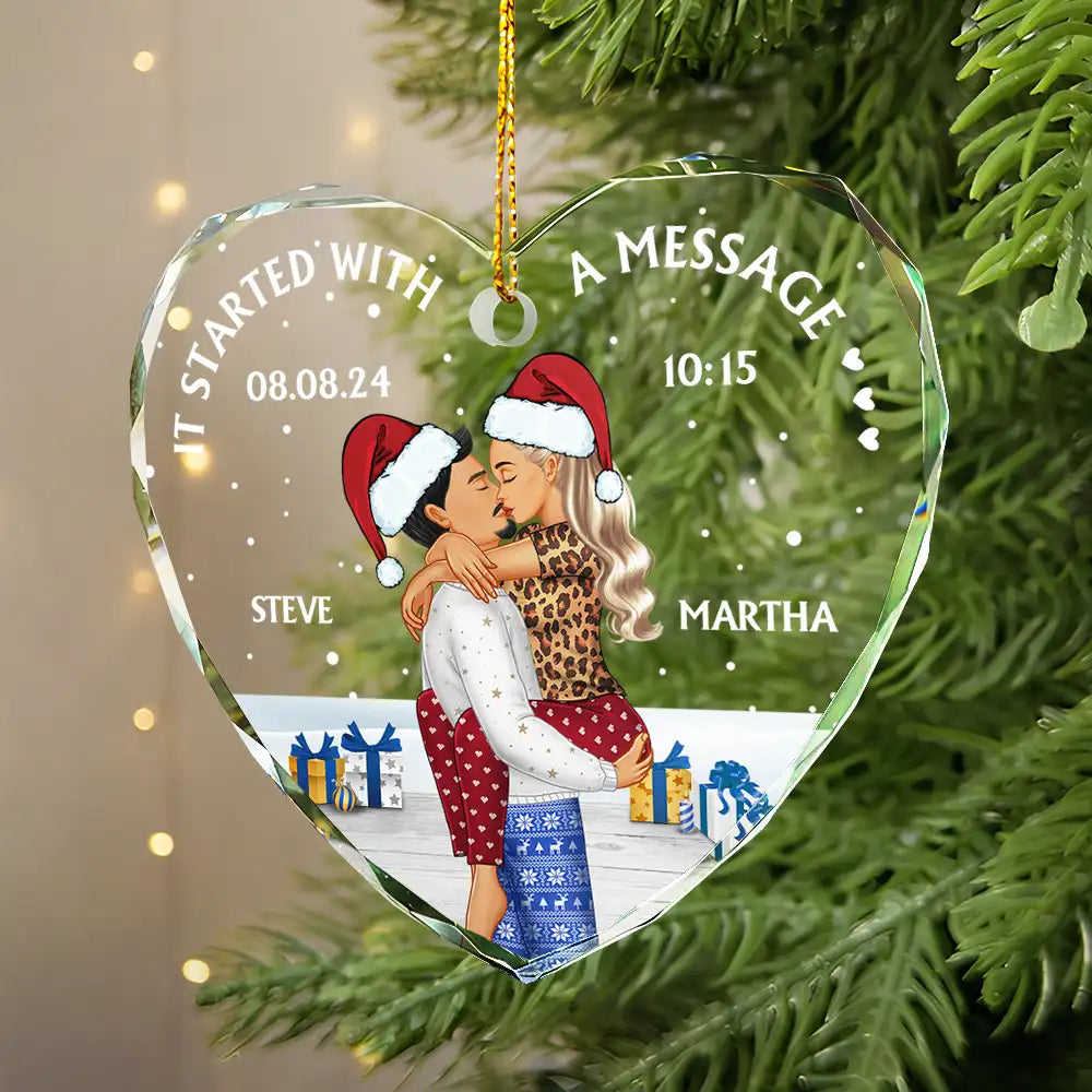 Gift For Couples, Gift For Husband, Gift For Wife, Gift For Boyfriend, Gift For Girlfriend - Started With A Message Couples Christmas - Personalized Heart Shaped Glass Ornament