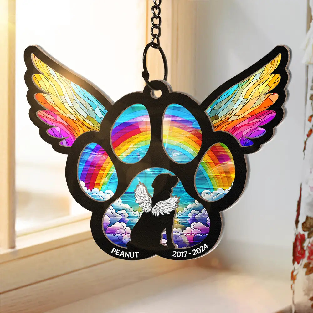 Memorial Dog Cat Waiting At The Rainbow Bridge - Personalized Window Hanging Suncatcher Ornament