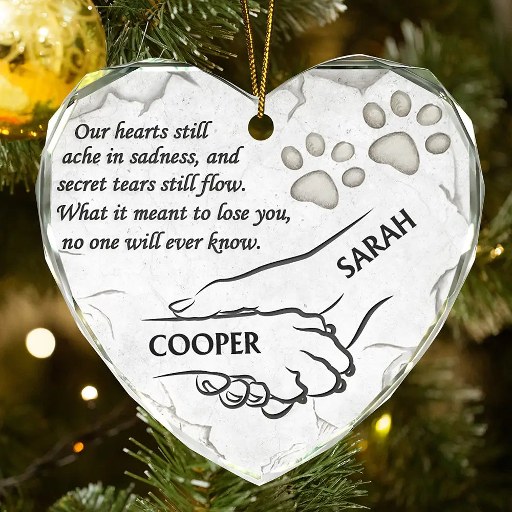 Dog Memorial Our Hearts Still Ache In Sadness - Personalized Heart Shaped Glass Ornament