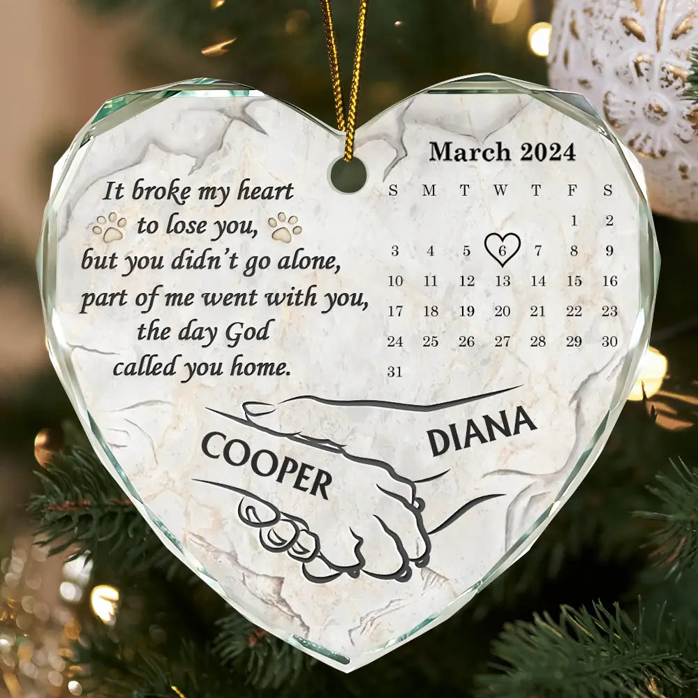 Dog Memorial It Broke My Heart To Lose You Calendar - Personalized Heart Shaped Glass Ornament