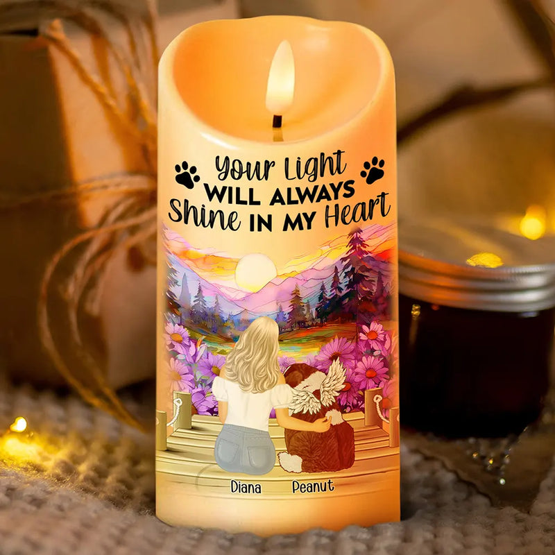 Memorial, Pet Lovers, Dog Lovers, Cat Lovers - Dog Cat Memorial Your Light Will Always Shine In My Heart - Personalized Flameless LED Candle