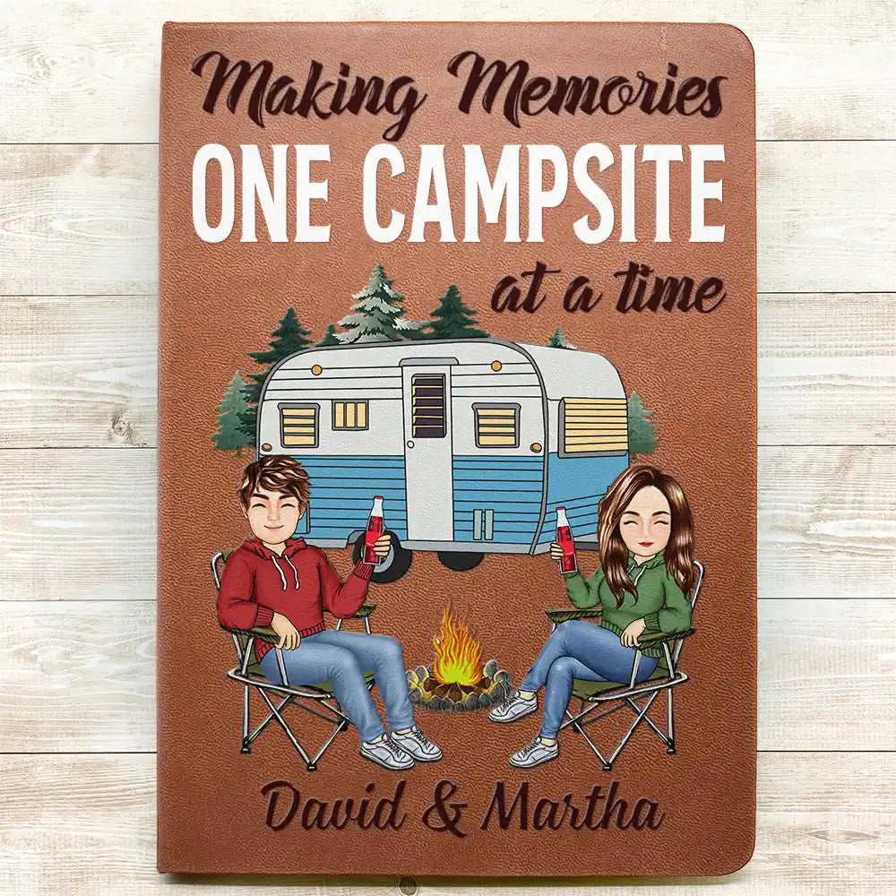 Gift For Husband,Gift For Couples,Gift For Wife,Gift For Boyfriend,Gift For Girlfriend,Camping,Campsite,Happy - The Adventure Book Cartoon Couple Camping - Personalized Leather Journal